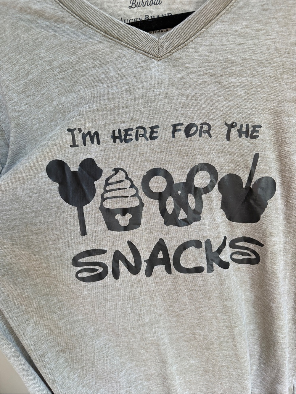 Custom Disney Gray V-Neck Kids Long Sleeve 'I'm Here For The Snacks' Graphic Tee